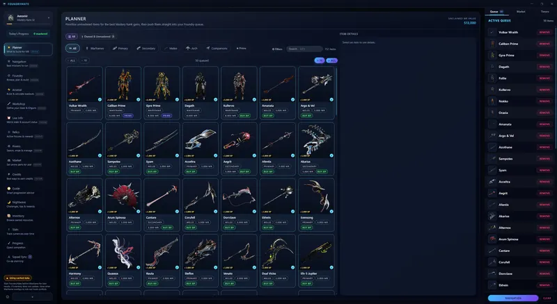 FoundryMate's Mastery Planner: a grid of unmastered weapons and warframes with mastery XP badges, next to an active Foundry queue