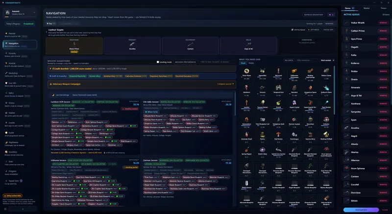 Farm Optimizer: mission suggestions with efficiency scores and the resources and blueprints each one drops