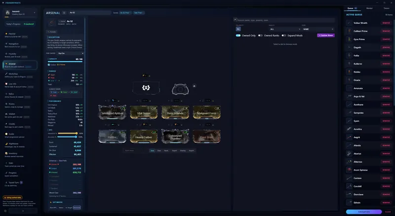 Arsenal Builder: a weapon build with eight mods slotted and its damage and DPS stats