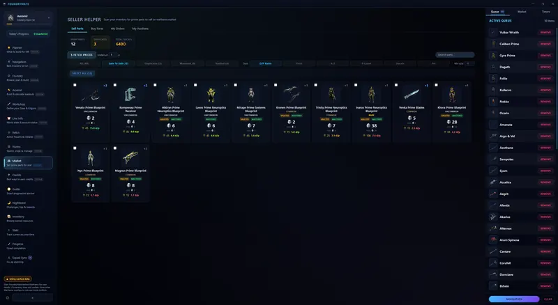Warframe Market Seller Helper: prime part blueprints from the inventory with platinum and ducat values